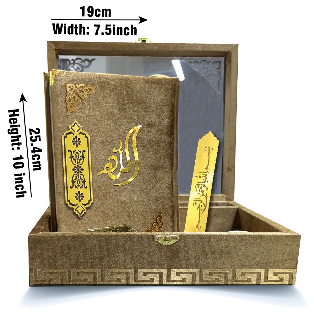 11KVJ2-GOLD Gold Velvet Quran with Special box and attar cap bookmark tasbih and counter