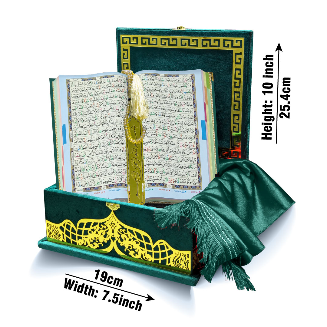 855-4KVJ3-GREEN Tajweedi Green Velvet Quran with Fancy box and Cap Attar Tasbih Bookmark Counter