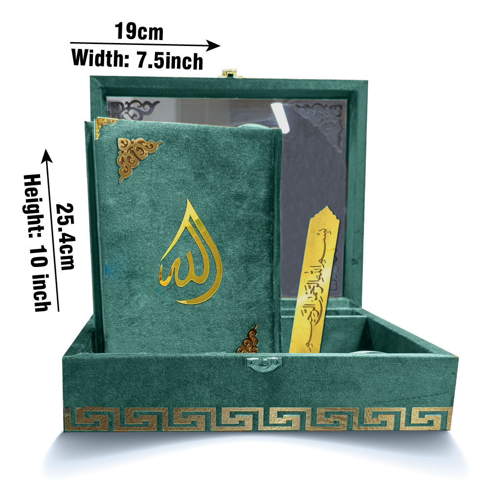 11-7KVJ2-Green Green Velvet Quran 7 Clr Kanzul Iman with Fancy box and Cap Attar Tasbih Bookmark Counter