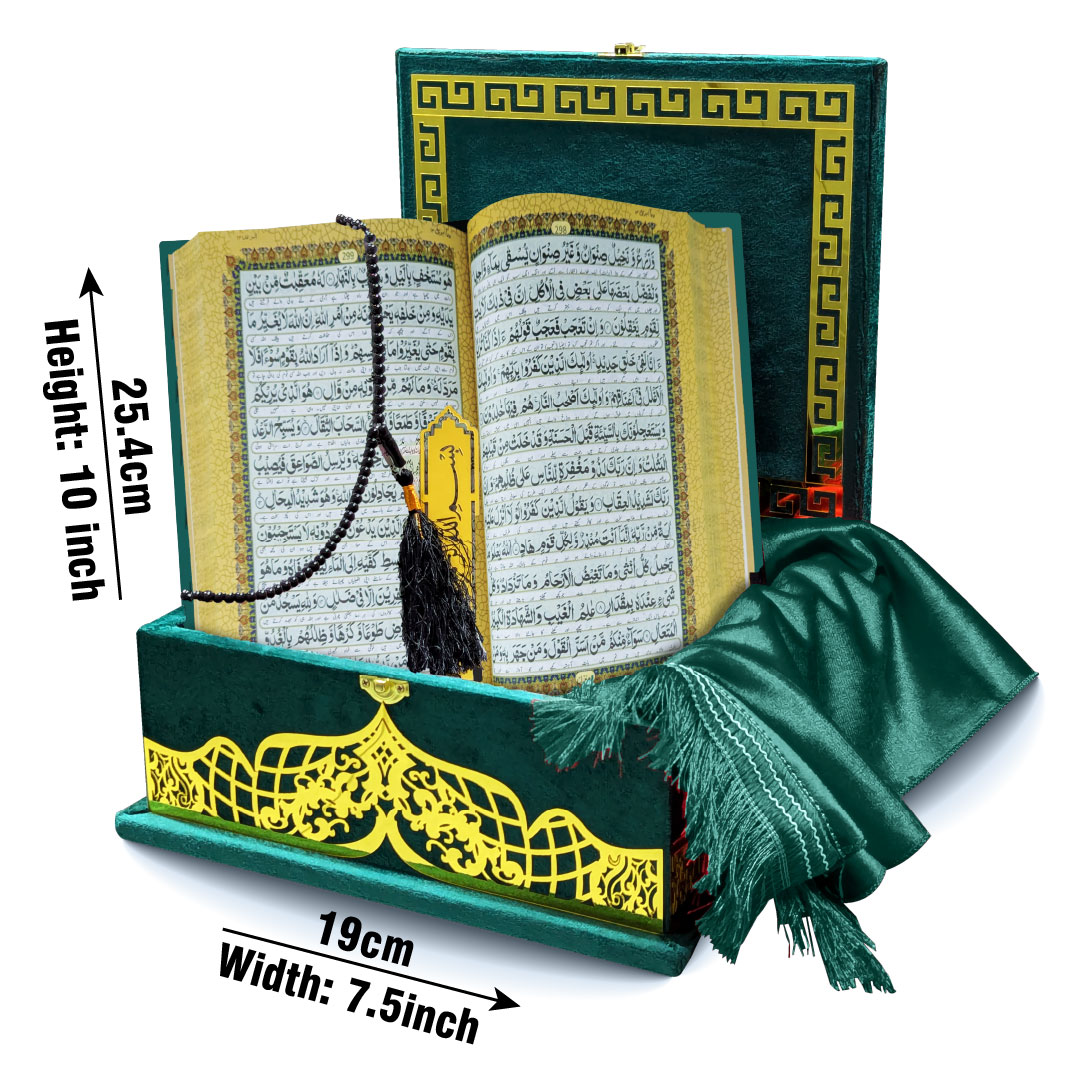 11-7KVJ3-Green Green Velvet Quran 7 Clr Kanzul Iman with Fancy box and Cap Attar Tasbih Bookmark Counter