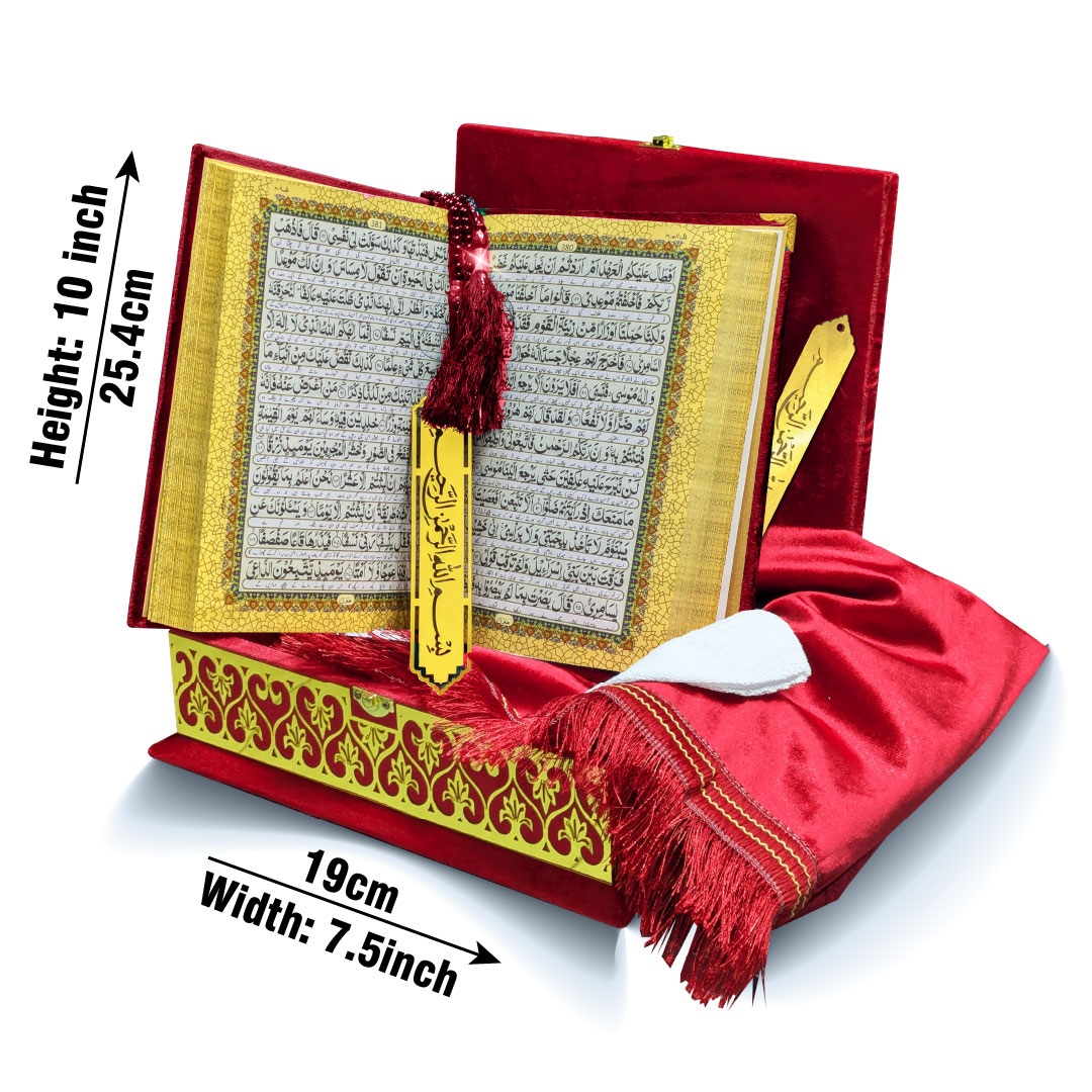 11-7KVJ4-Red Red Velvet Quran 7 Clr Kanzul Iman with Fancy box and Cap Attar Tasbih Bookmark Counter