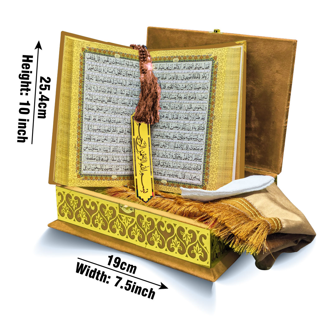 11-7KVJ4-Gold Gold Velvet Quran 7 Clr Kanzul Iman with Fancy box and Cap Attar Tasbih Bookmark Counter