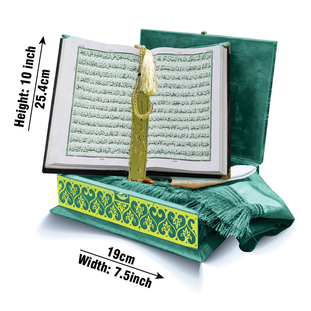 11KVJ4-Green Green Velvet Quran with Special box and attar cap bookmark tasbih and counter