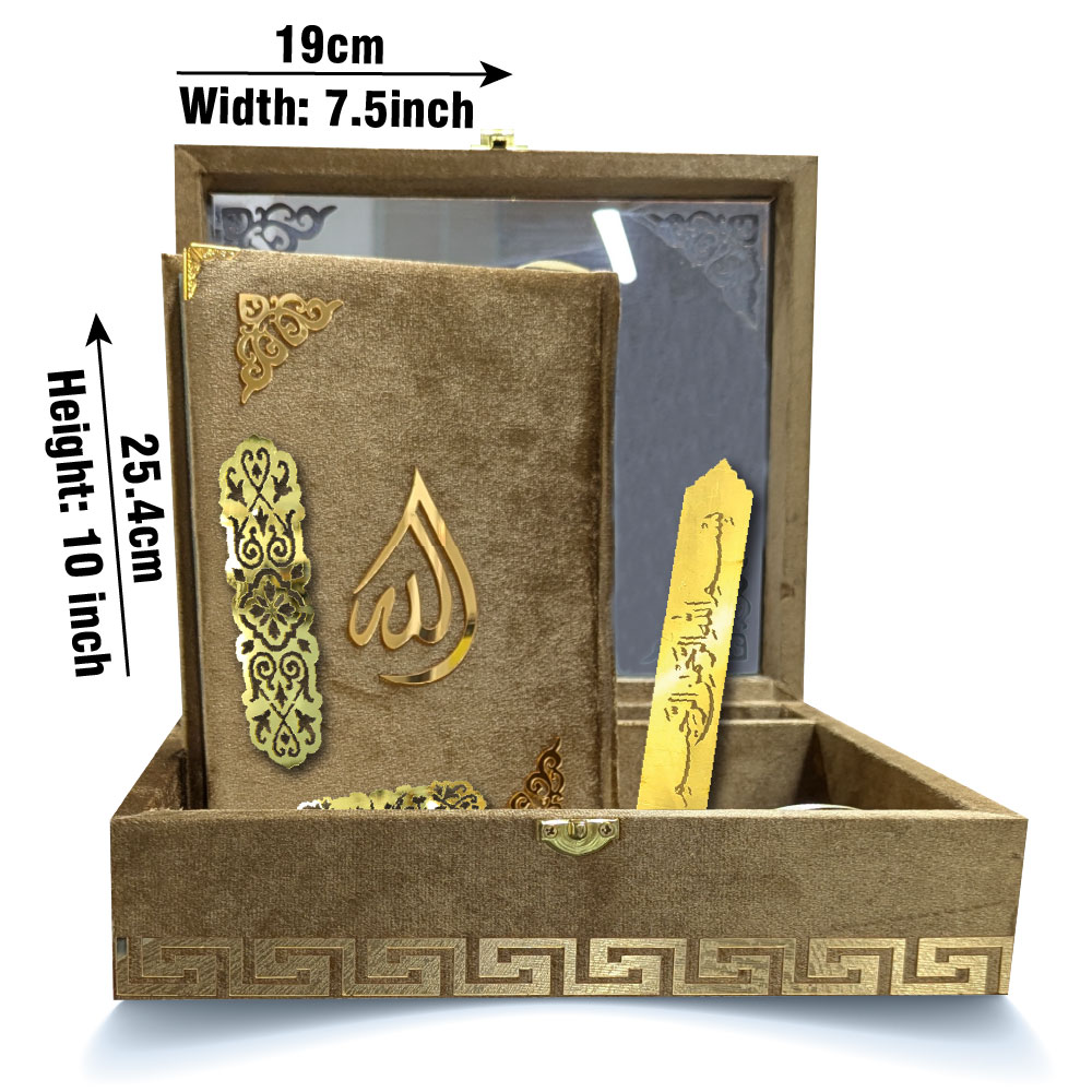 81KVJ2-Gold Gold Velvet Quran with Special box and attar cap bookmark tasbih and counter