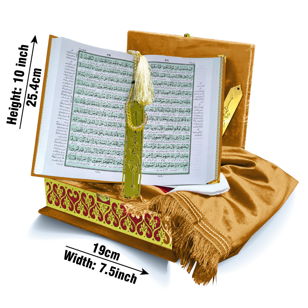 81KVJ4-Gold Gold Velvet Quran with Special box and attar cap bookmark tasbih and counter