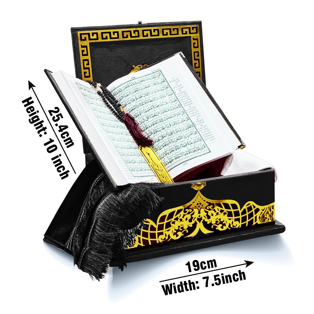 81KVJ3-Black Black Velvet Quran with Special box and attar cap bookmark tasbih and counter